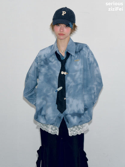 Watery Blue Plaid Lace Hem Slimming Shirt【s0000018428】