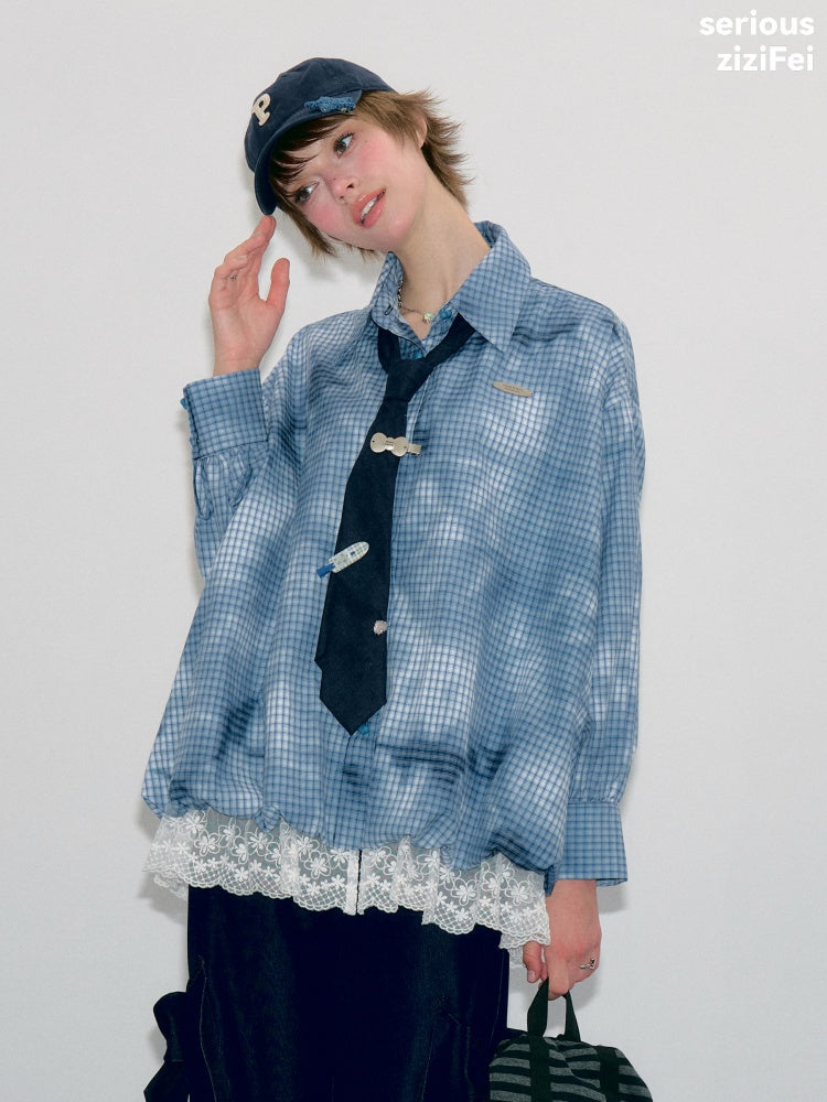 Watery Blue Plaid Lace Hem Slimming Shirt【s0000018428】