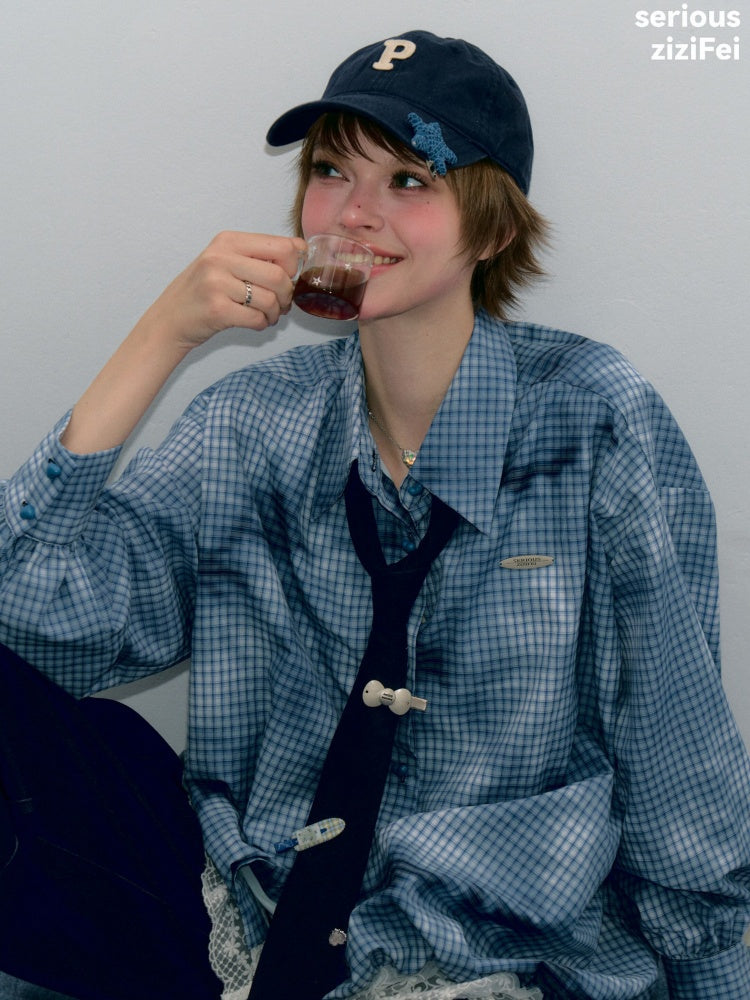 Watery Blue Plaid Lace Hem Slimming Shirt【s0000018428】