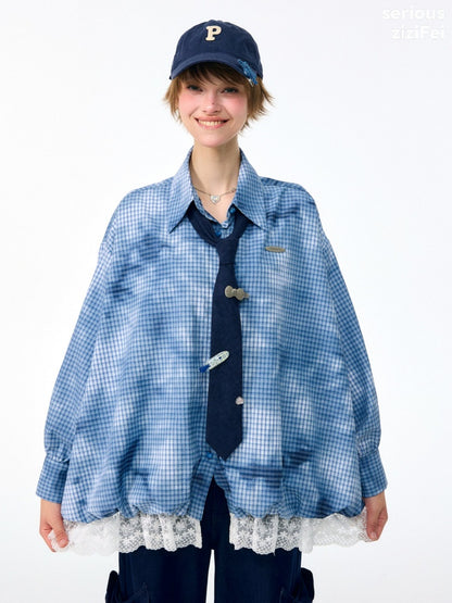 Watery Blue Plaid Lace Hem Slimming Shirt【s0000018428】