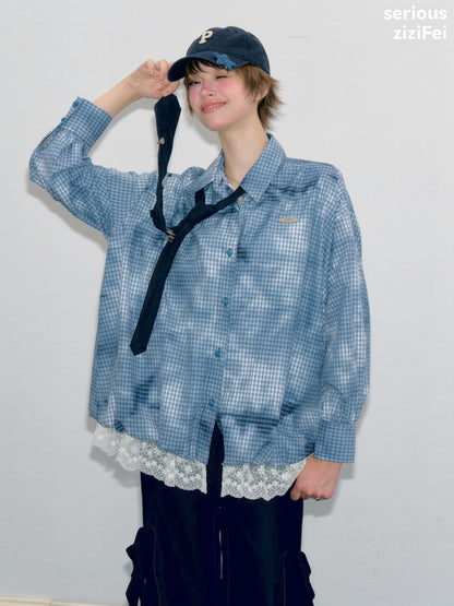 Watery Blue Plaid Lace Hem Slimming Shirt【s0000018428】