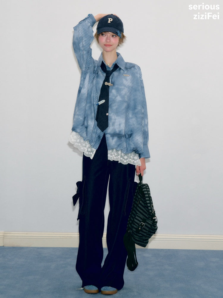 Watery Blue Plaid Lace Hem Slimming Shirt【s0000018428】