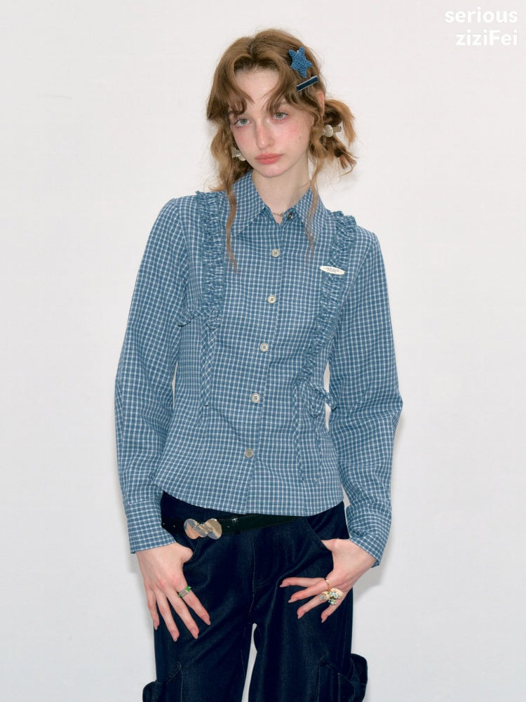 Deep Sea Sweetheart Vintage Blue Plaid Moody Waist-Cinching Slimming Long-Sleeve Shirt【s0000018429】
