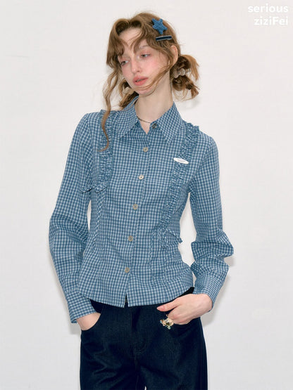 Deep Sea Sweetheart Vintage Blue Plaid Moody Waist-Cinching Slimming Long-Sleeve Shirt【s0000018429】