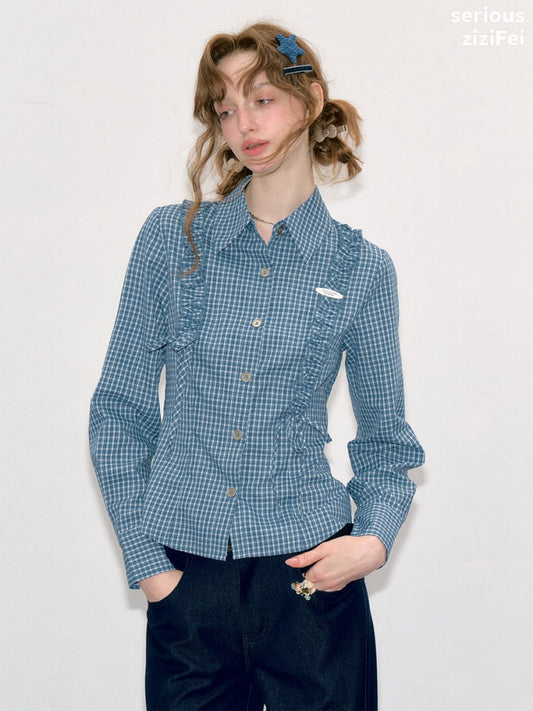 Deep Sea Sweetheart Vintage Blue Plaid Moody Waist-Cinching Slimming Long-Sleeve Shirt【s0000018429】