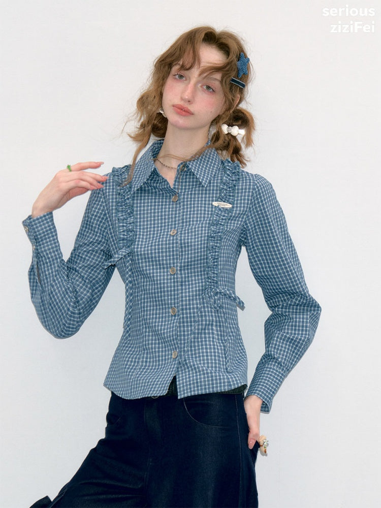 Deep Sea Sweetheart Vintage Blue Plaid Moody Waist-Cinching Slimming Long-Sleeve Shirt【s0000018429】