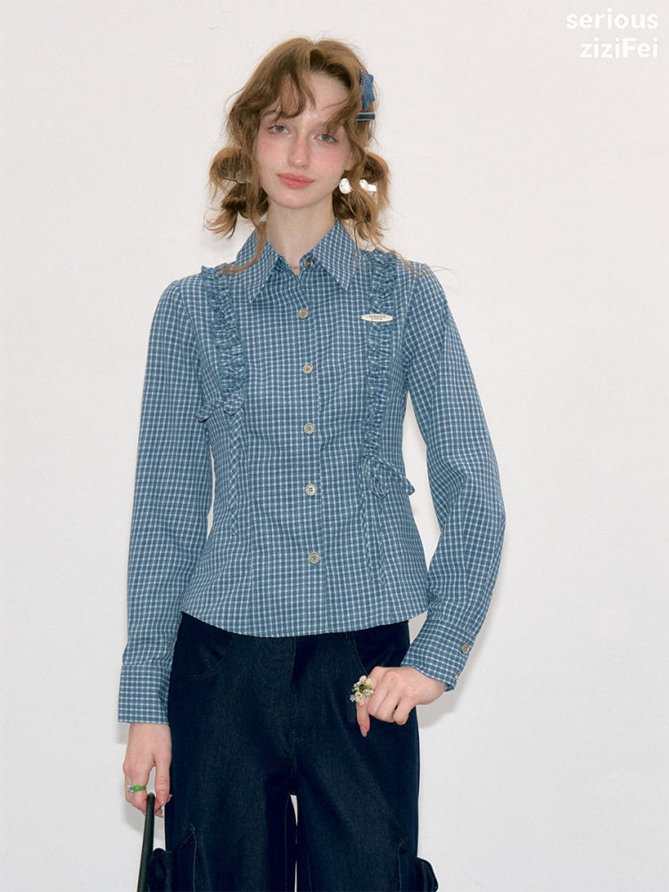 Deep Sea Sweetheart Vintage Blue Plaid Moody Waist-Cinching Slimming Long-Sleeve Shirt【s0000018429】