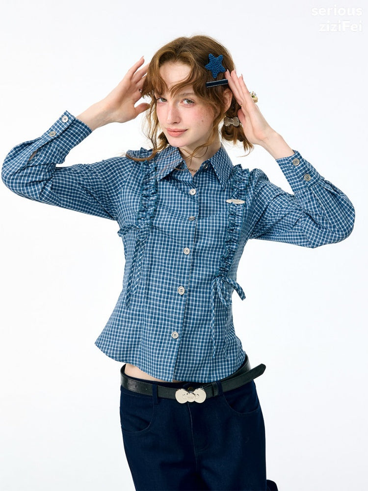 Deep Sea Sweetheart Vintage Blue Plaid Moody Waist-Cinching Slimming Long-Sleeve Shirt【s0000018429】