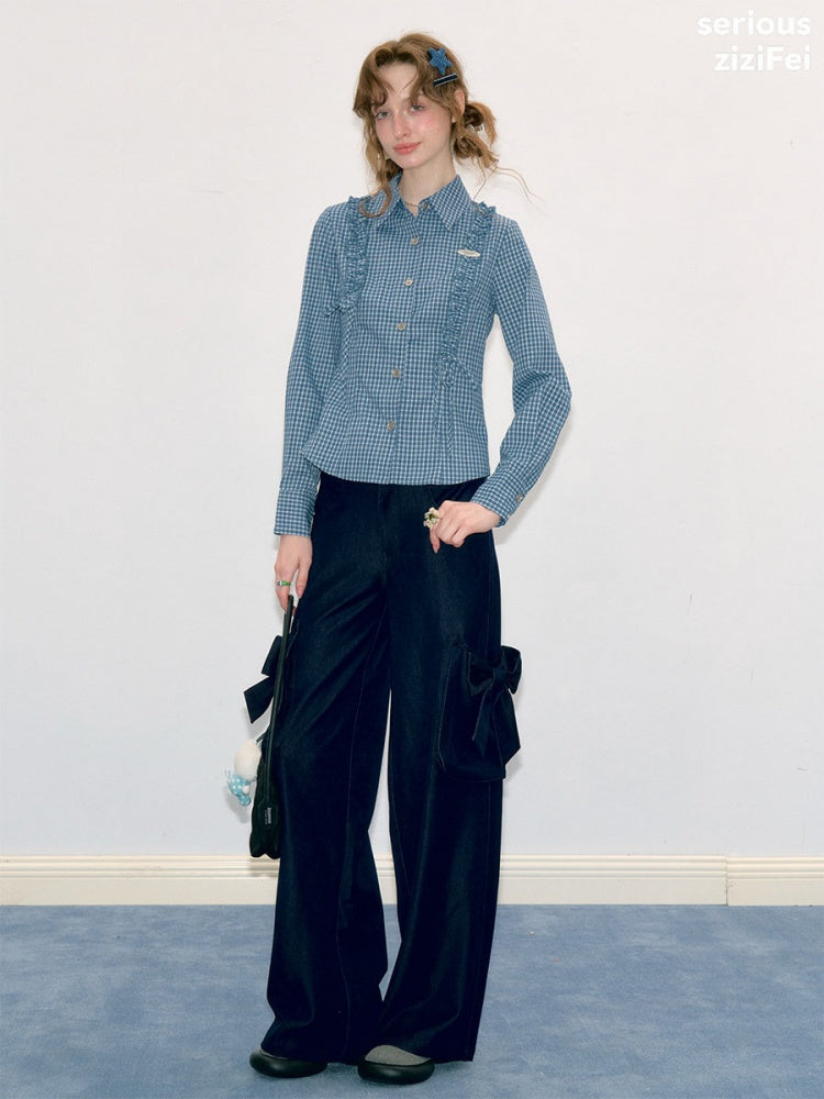 Deep Sea Sweetheart Vintage Blue Plaid Moody Waist-Cinching Slimming Long-Sleeve Shirt【s0000018429】
