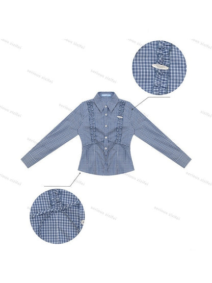 Deep Sea Sweetheart Vintage Blue Plaid Moody Waist-Cinching Slimming Long-Sleeve Shirt【s0000018429】