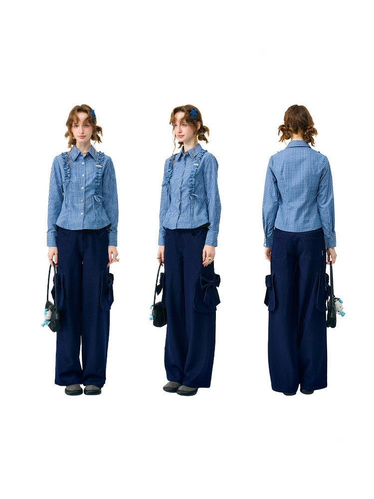 Deep Sea Sweetheart Vintage Blue Plaid Moody Waist-Cinching Slimming Long-Sleeve Shirt【s0000018429】
