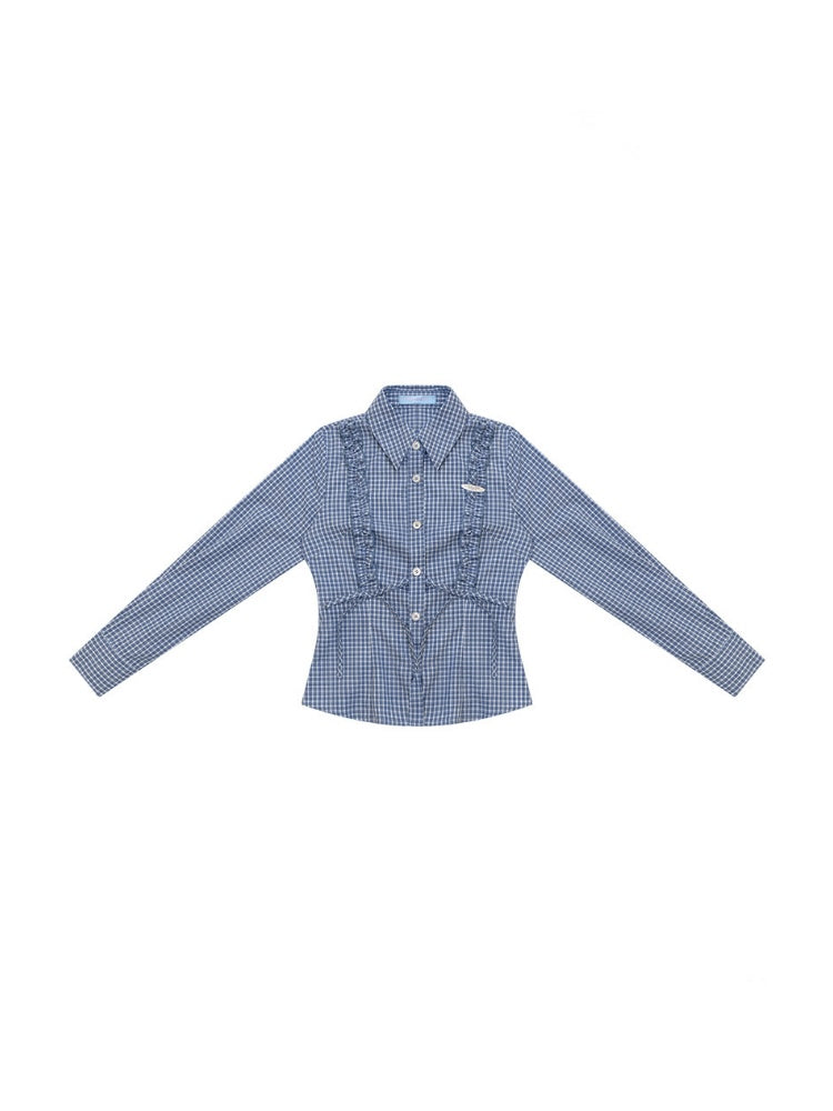 Deep Sea Sweetheart Vintage Blue Plaid Moody Waist-Cinching Slimming Long-Sleeve Shirt【s0000018429】