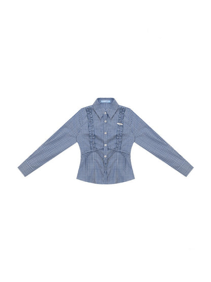 Deep Sea Sweetheart Vintage Blue Plaid Moody Waist-Cinching Slimming Long-Sleeve Shirt【s0000018429】