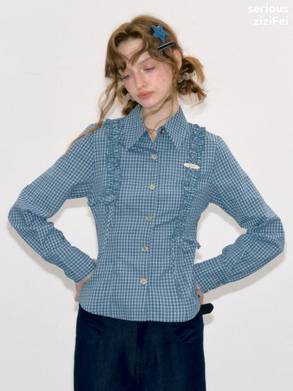 Deep Sea Sweetheart Vintage Blue Plaid Moody Waist-Cinching Slimming Long-Sleeve Shirt【s0000018429】