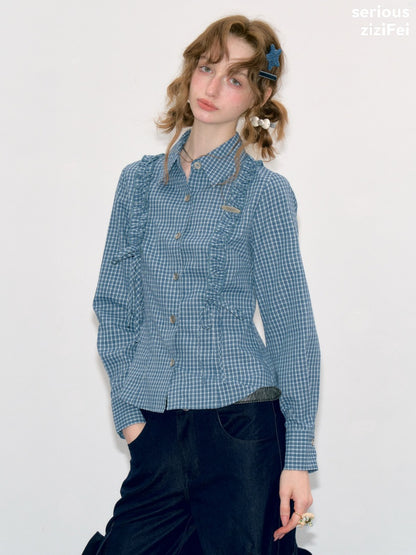 Deep Sea Sweetheart Vintage Blue Plaid Moody Waist-Cinching Slimming Long-Sleeve Shirt【s0000018429】