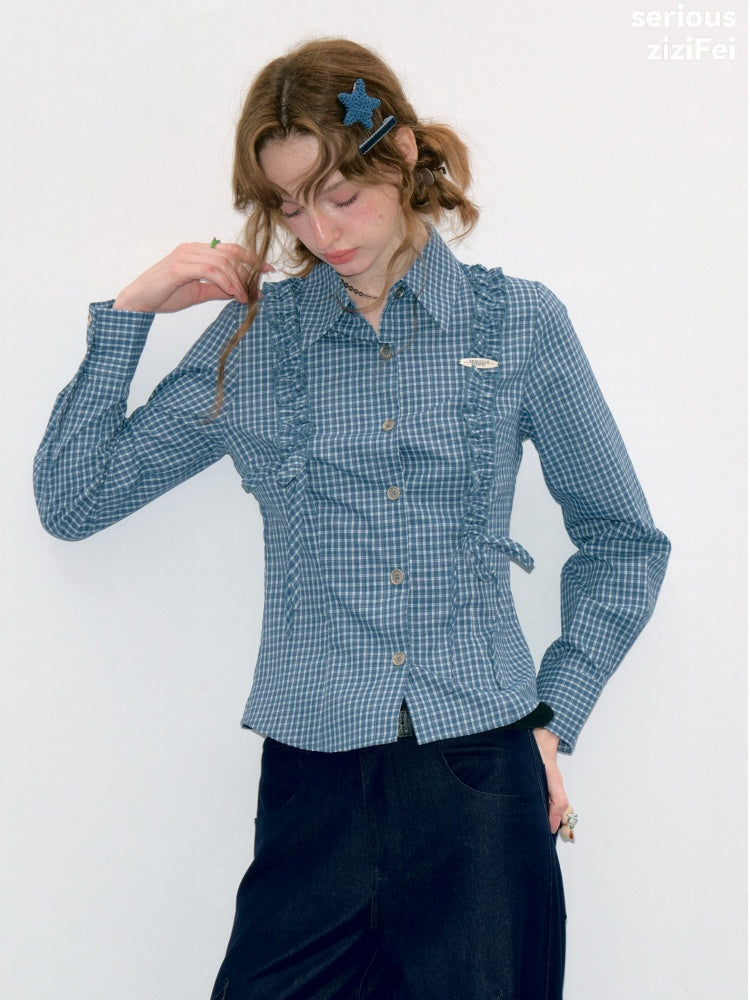 Deep Sea Sweetheart Vintage Blue Plaid Moody Waist-Cinching Slimming Long-Sleeve Shirt【s0000018429】