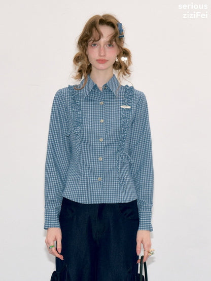 Deep Sea Sweetheart Vintage Blue Plaid Moody Waist-Cinching Slimming Long-Sleeve Shirt【s0000018429】