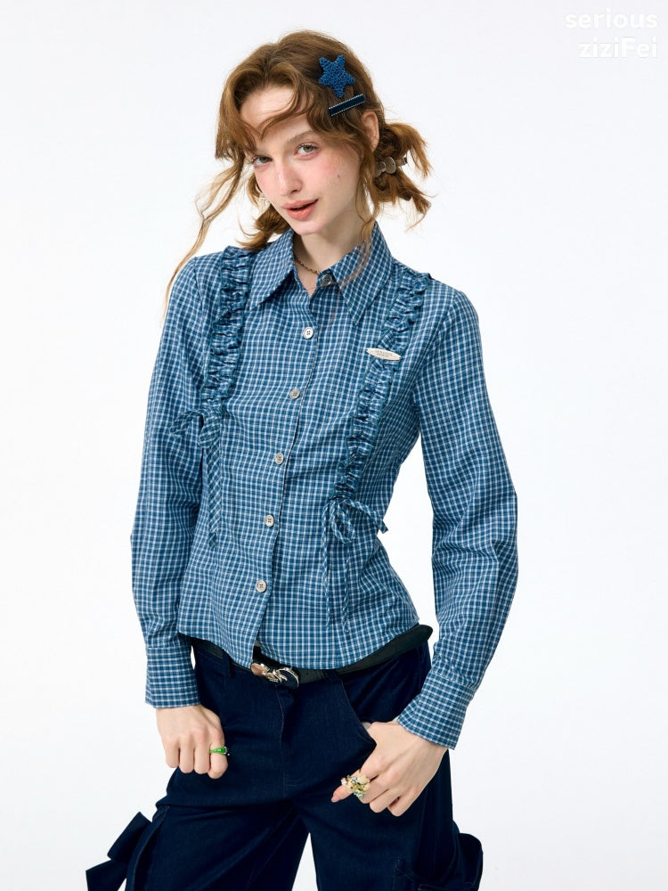 Deep Sea Sweetheart Vintage Blue Plaid Moody Waist-Cinching Slimming Long-Sleeve Shirt【s0000018429】