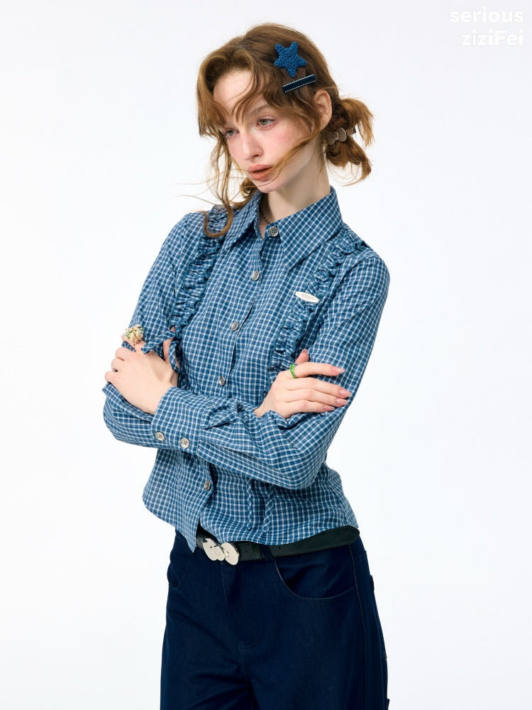 Deep Sea Sweetheart Vintage Blue Plaid Moody Waist-Cinching Slimming Long-Sleeve Shirt【s0000018429】