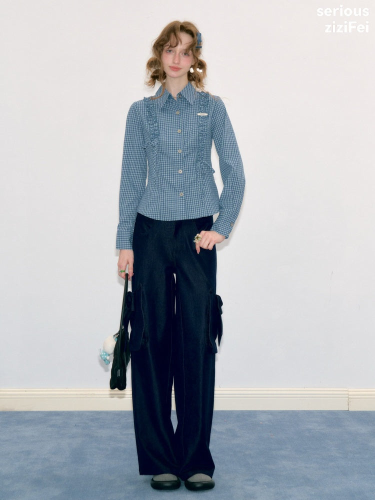 Deep Sea Sweetheart Vintage Blue Plaid Moody Waist-Cinching Slimming Long-Sleeve Shirt【s0000018429】