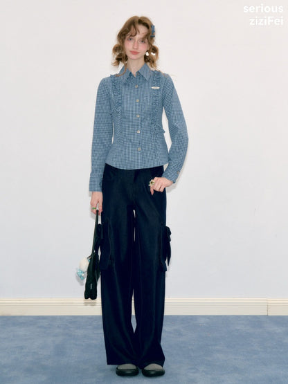 Deep Sea Sweetheart Vintage Blue Plaid Moody Waist-Cinching Slimming Long-Sleeve Shirt【s0000018429】