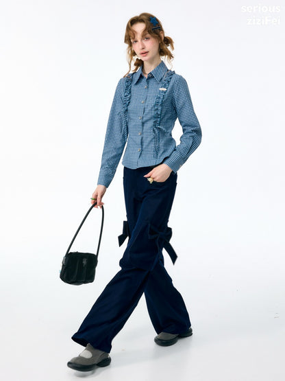 Deep Sea Sweetheart Vintage Blue Plaid Moody Waist-Cinching Slimming Long-Sleeve Shirt【s0000018429】