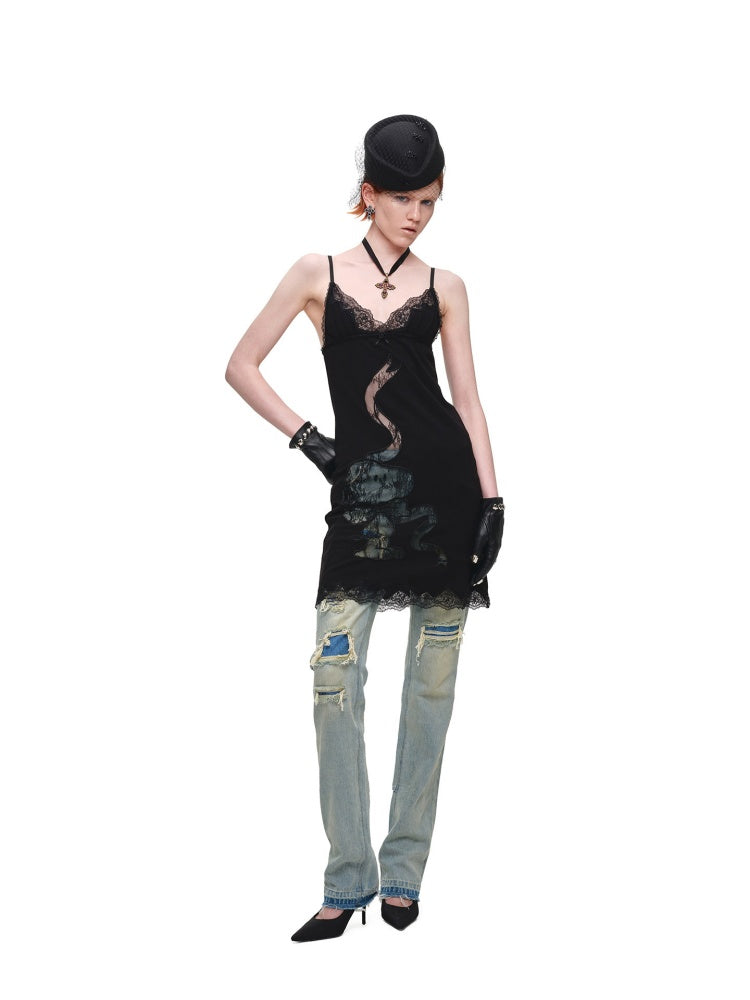 1JINN STUDIO x Snoopy Collaboration V-Neck Lace Appliqué Slim Slip Knit Camisole Dress【s0000018142】