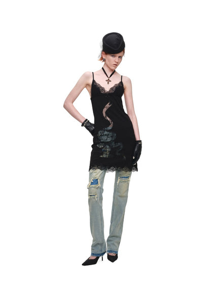 1JINN STUDIO x Snoopy Collaboration V-Neck Lace Appliqué Slim Slip Knit Camisole Dress【s0000018142】