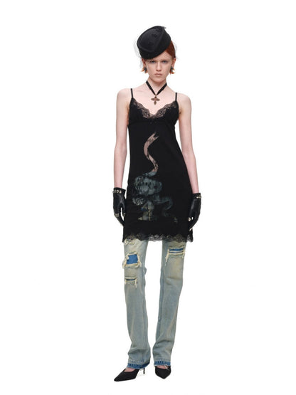 1JINN STUDIO x Snoopy Collaboration V-Neck Lace Appliqué Slim Slip Knit Camisole Dress【s0000018142】