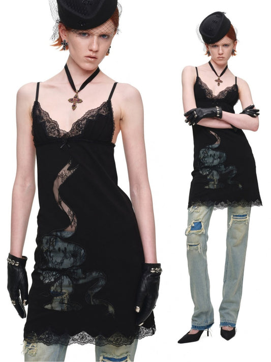 1JINN STUDIO x Snoopy Collaboration V-Neck Lace Appliqué Slim Slip Knit Camisole Dress【s0000018142】
