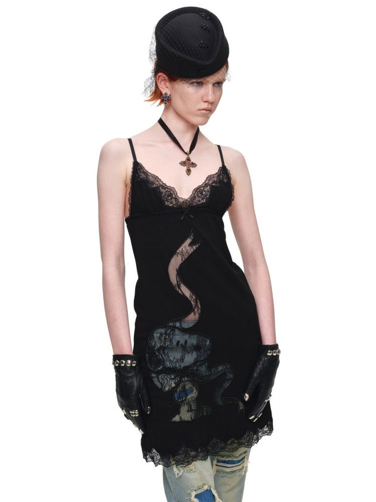 1JINN STUDIO x Snoopy Collaboration V-Neck Lace Appliqué Slim Slip Knit Camisole Dress【s0000018142】