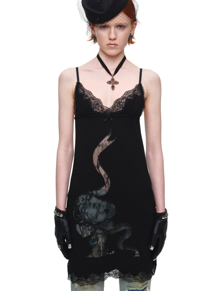 1JINN STUDIO x Snoopy Collaboration V-Neck Lace Appliqué Slim Slip Knit Camisole Dress【s0000018142】