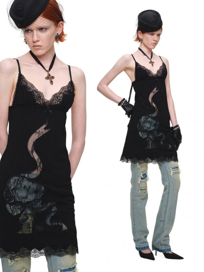 1JINN STUDIO x Snoopy Collaboration V-Neck Lace Appliqué Slim Slip Knit Camisole Dress【s0000018142】