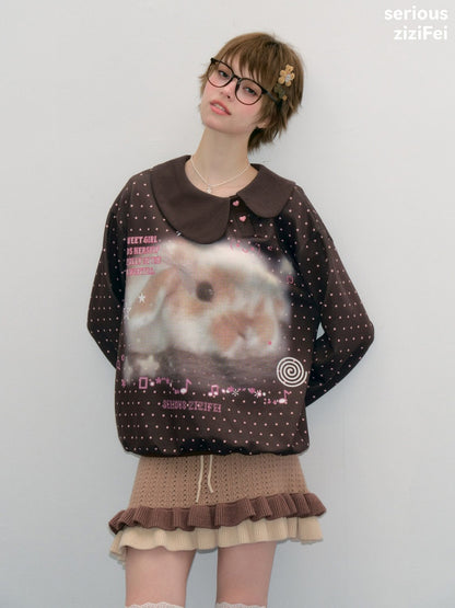 Bunny Print Polka Dot Doll Diagonal Brown Slimming Sweatshirt【s0000018430】
