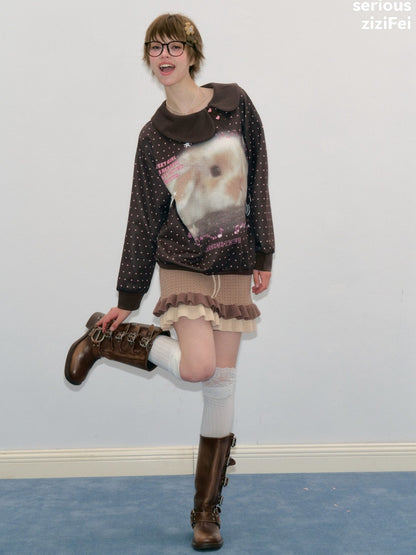 Bunny Print Polka Dot Doll Diagonal Brown Slimming Sweatshirt【s0000018430】