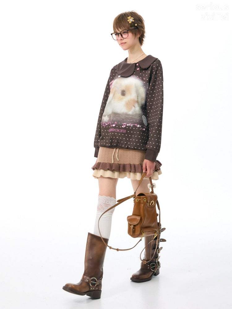 Bunny Print Polka Dot Doll Diagonal Brown Slimming Sweatshirt【s0000018430】