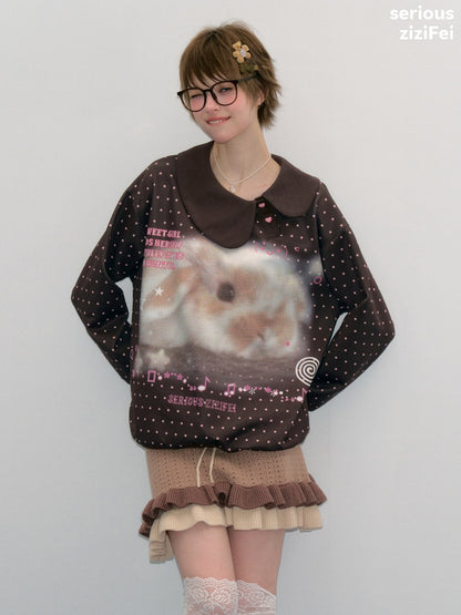 Bunny Print Polka Dot Doll Diagonal Brown Slimming Sweatshirt【s0000018430】