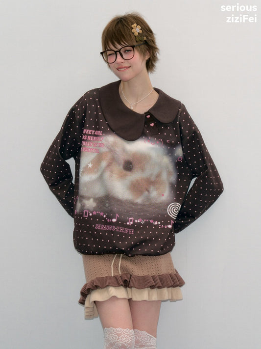Bunny Print Polka Dot Doll Diagonal Brown Slimming Sweatshirt【s0000018430】