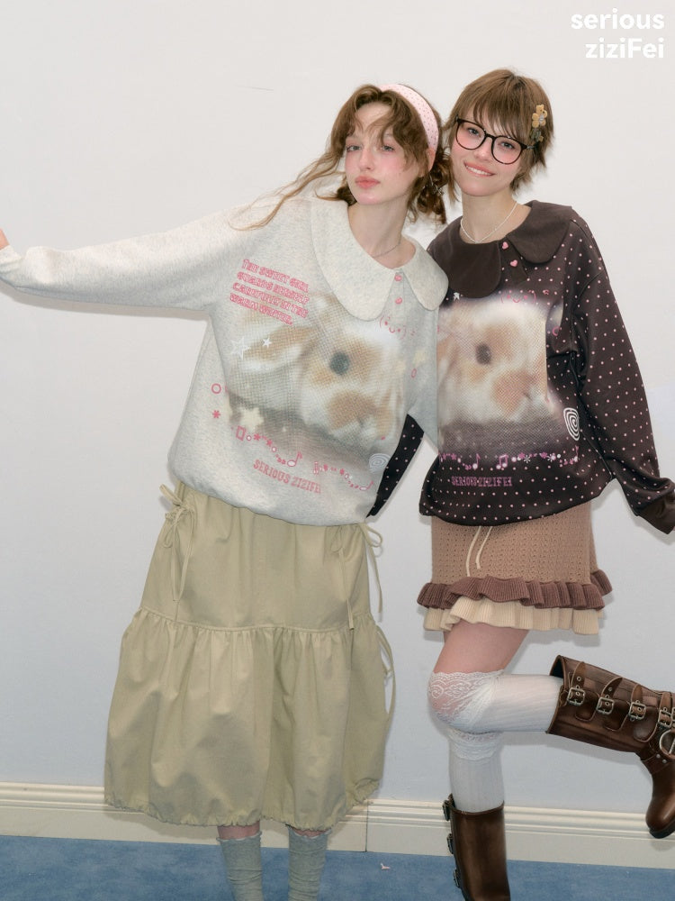 Bunny Print Polka Dot Doll Diagonal Brown Slimming Sweatshirt【s0000018430】