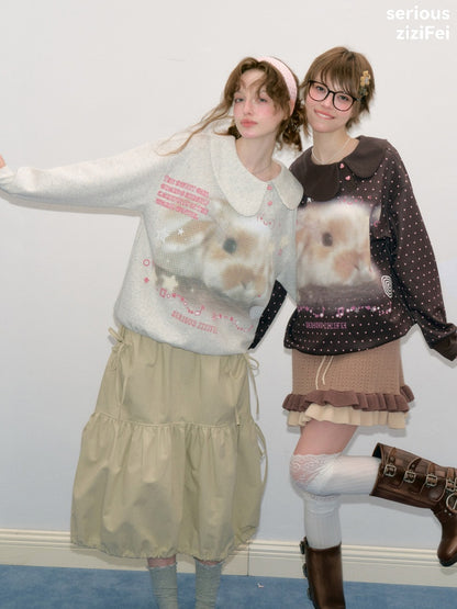 Bunny Print Polka Dot Doll Diagonal Brown Slimming Sweatshirt【s0000018430】