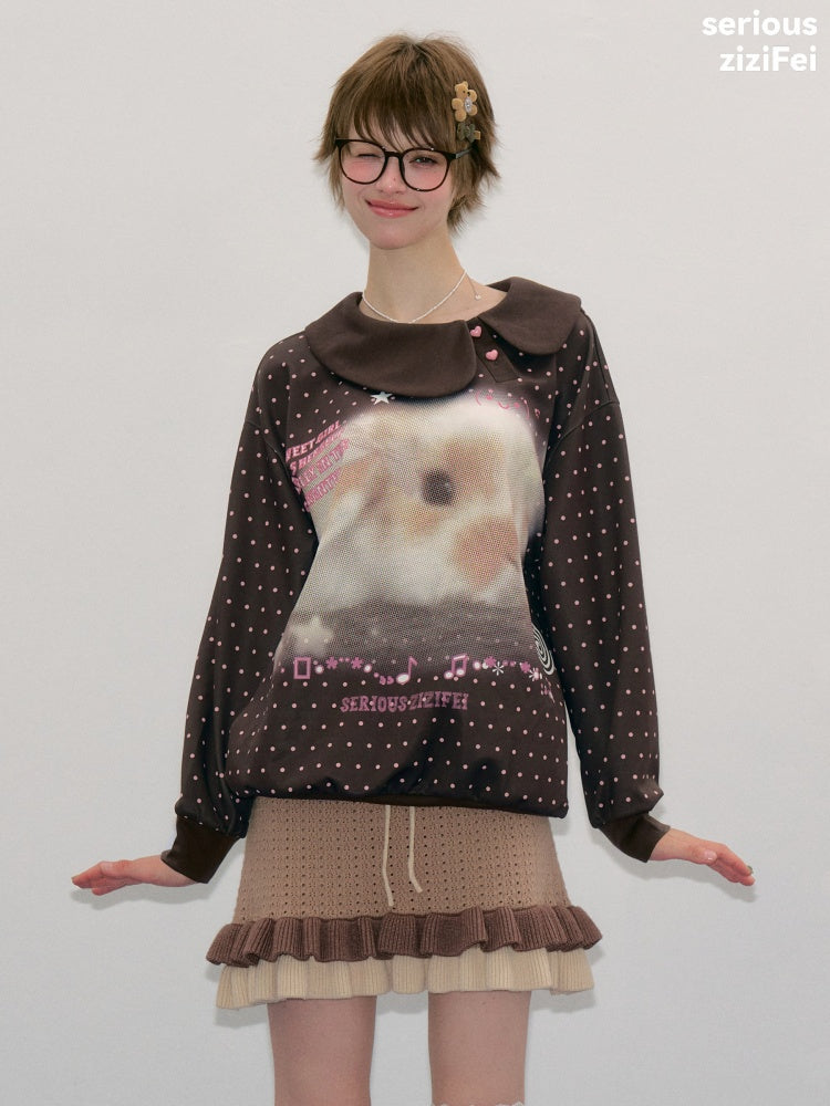 Bunny Print Polka Dot Doll Diagonal Brown Slimming Sweatshirt【s0000018430】