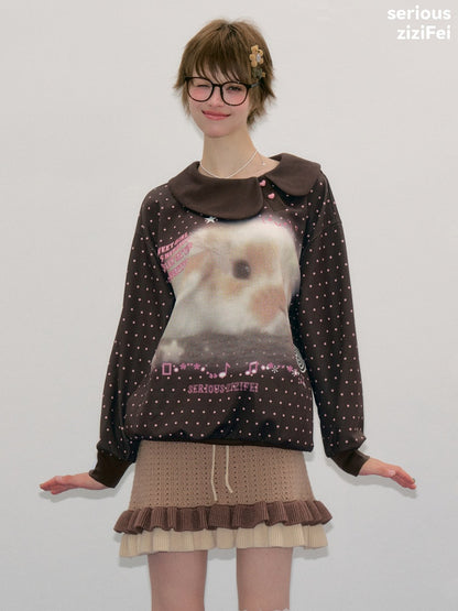 Bunny Print Polka Dot Doll Diagonal Brown Slimming Sweatshirt【s0000018430】