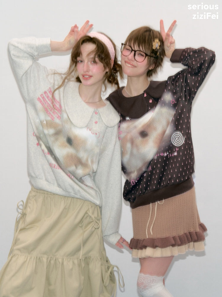 Bunny Print Polka Dot Doll Diagonal Brown Slimming Sweatshirt【s0000018430】