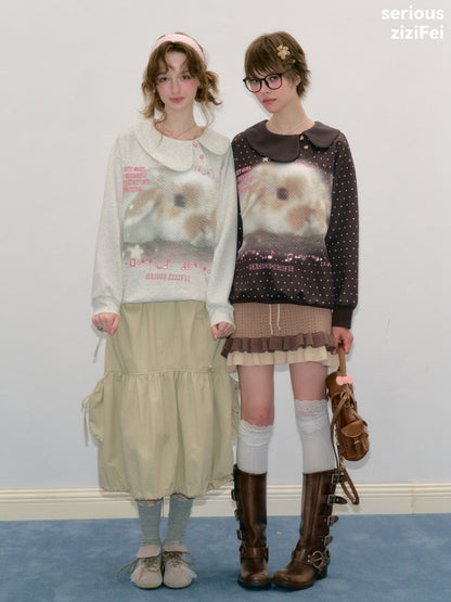 Bunny Print Polka Dot Doll Diagonal Brown Slimming Sweatshirt【s0000018430】