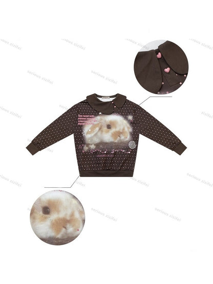 Bunny Print Polka Dot Doll Diagonal Brown Slimming Sweatshirt【s0000018430】