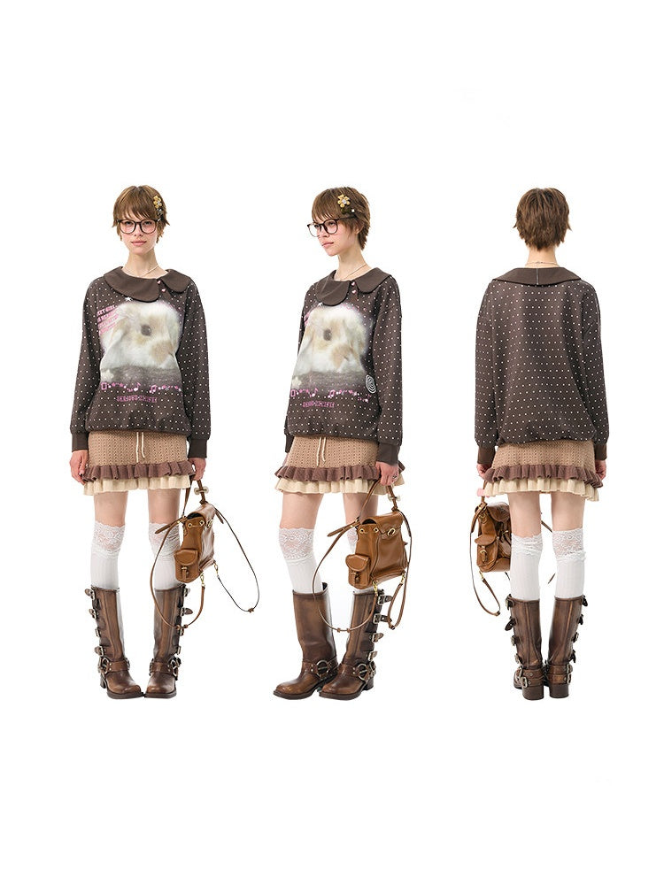 Bunny Print Polka Dot Doll Diagonal Brown Slimming Sweatshirt【s0000018430】