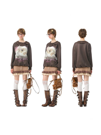 Bunny Print Polka Dot Doll Diagonal Brown Slimming Sweatshirt【s0000018430】