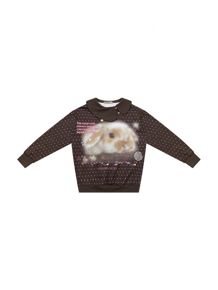 Bunny Print Polka Dot Doll Diagonal Brown Slimming Sweatshirt【s0000018430】