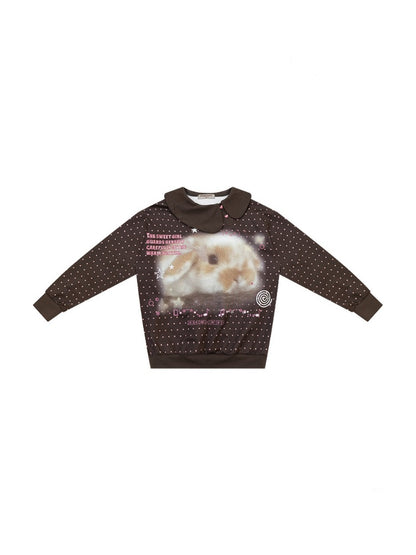 Bunny Print Polka Dot Doll Diagonal Brown Slimming Sweatshirt【s0000018430】