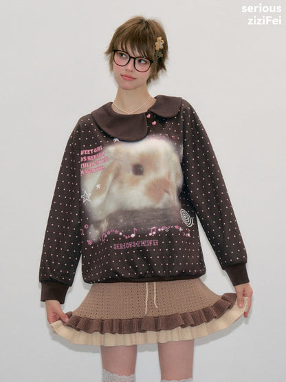Bunny Print Polka Dot Doll Diagonal Brown Slimming Sweatshirt【s0000018430】